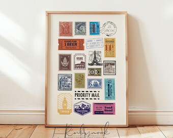Printable Travel Wall Art for Kids Room Retro Postage Stamp Poster Educational Ticket Decor Playroom Gallery Transportation Art P1