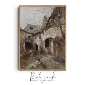 Rustic Courtyard Landscape Art Print Vintage Stone House Wall Decor European Country Architecture Old Farmhouse Digital Download V55
