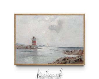 Coastal Lighthouse Wall Art Vintage Nautical Print Restored Seascape Painting Maritime Ocean Decor Beach Cottage Digital Download K159