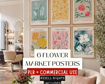 Floral Wall Art PLR Bundle, 6 Flower Market Prints, Botanical Printable Posters, Commercial License, Resell Rights