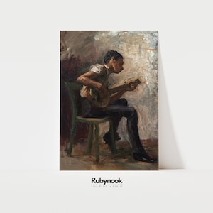 Vintage Guitar Player Portrait Printable Rustic Musician Oil Painting Download  Folk Music Wall Art for Bohemian or Artistic Decor V47