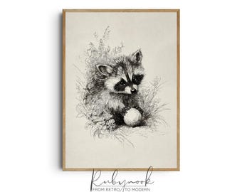 Woodland raccoon nursery print for kids room decor cute black and white animal wall art baby shower gift storybook KPS4