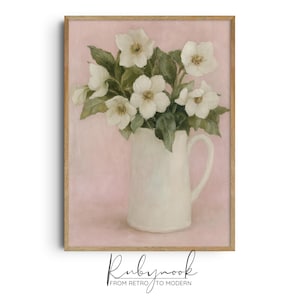 Vintage witte nieskruid bloemenkunst print zacht roze achtergrond stilleven schilderij shabby chique botanische muur decor AFDRUKBARE WALL ART A6