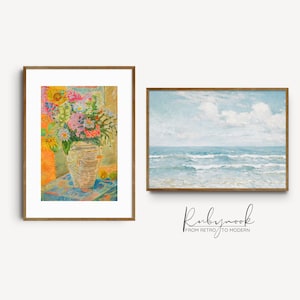 Conjunto de arte mural de verano con impresiones de playa y flores, póster impresionista costero y floral, conjunto de impresiones costeras, ilustraciones florales GL7