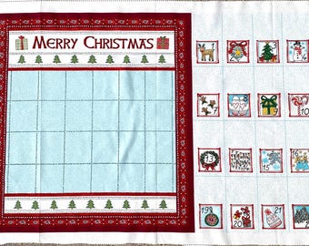 May include: White fabric Christmas advent calendar with a red border and the words "MERRY CHRISTMAS". The calendar has a grid for each day, plus 24 small squares with Christmas-themed illustrations. Includes space for handmade notes.