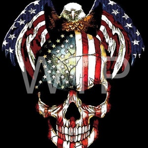 Könnte beinhalten: Ein Schädel mit einem amerikanischen Flaggenmuster, auf dem ein Weißkopfseeadler mit ausgebreiteten Flügeln sitzt.