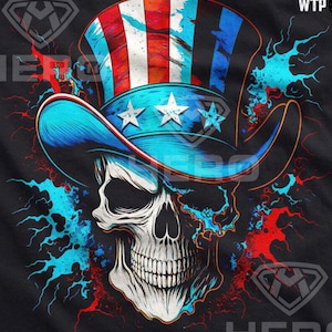 May include: A white skull wearing a blue and red Uncle Sam hat with white stars. The skull is surrounded by blue and red paint splatters.