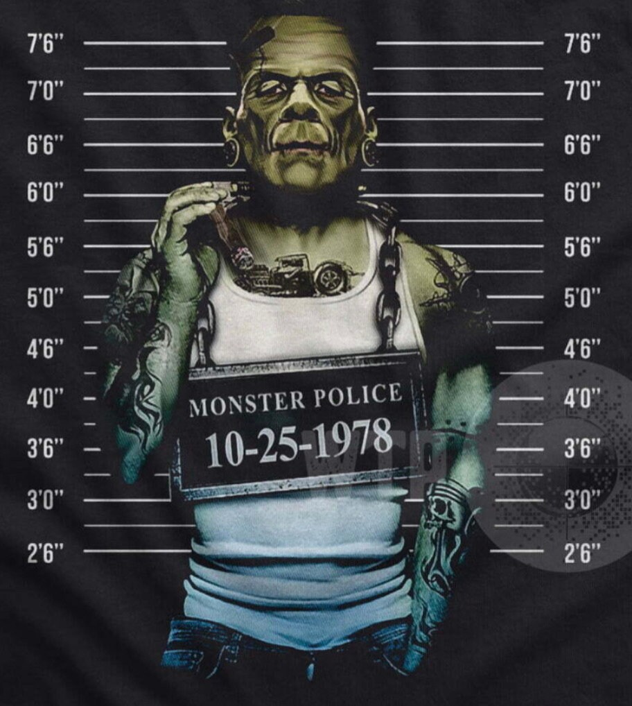 Frankenstein Horror Halloween fun tshirt image download Frankenstein Police funny mugshot png download for dark tshirts Fankenstein gift tee