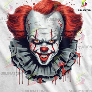 May include: A digital illustration of a scary clown with red hair, a white face, and a red nose. The clown is wearing a ruffled collar and has a sinister smile. The background is white with red paint splatters.