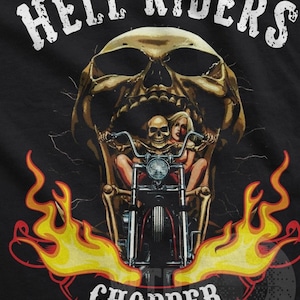 Flaming skull with Biker riding png Biker and Girl in Skull mouth flaming ride Chopper Hell Rider biker club gift idea Chopper ride in flame