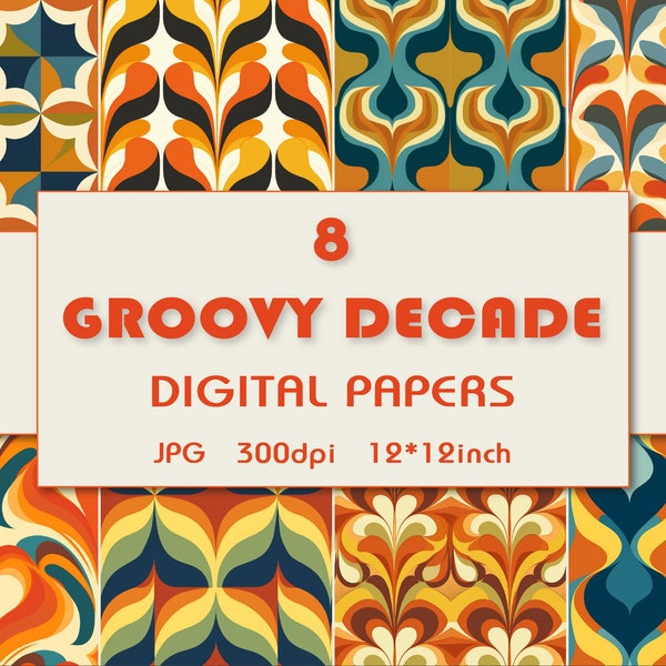 Groovy Decade Digital Papers, Retro 70s Style Abstract Patterns, Seventies Inspired Colorful Designs