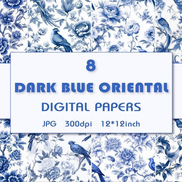 Dark Blue Oriental Seamless Pattern, Asian-Inspired Digital Paper, Deep Blue Backgrounds, Exotic Prints, Scrapbooking, Oriental Designs, JPG