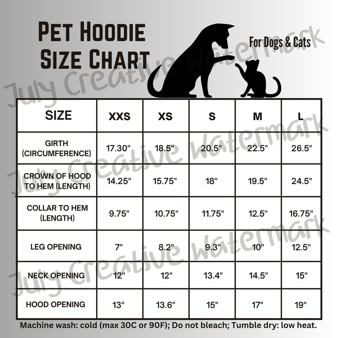 FYBY Generic Brand Pet Hoodie Size Chart for Dogs and Cats Pet Vest
