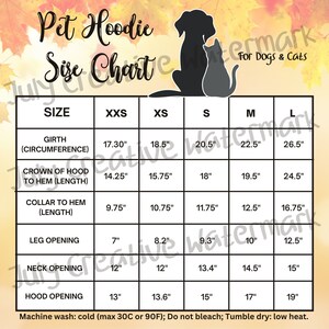 Pet Hoodie Size Chart - FYBY Generic Brand Dog and Cat Vest Hoodie Jacket Size Chart - Instant Download