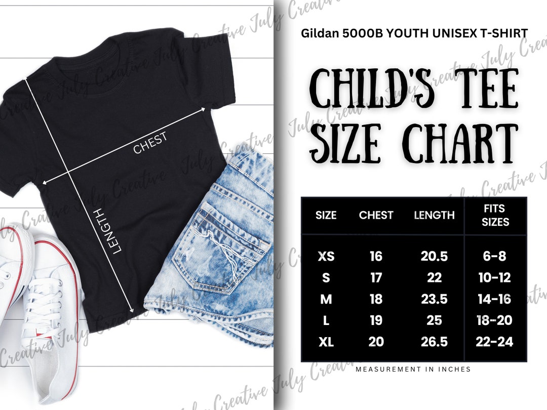 Gildan 5000B YOUTH UNISEX T-SHIRT Size Guide Chart | Kid's Tee Size ...