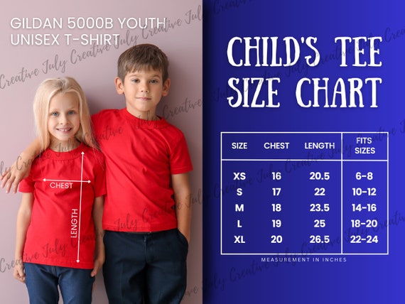 Gildan 5000B YOUTH UNISEX T-SHIRT Size Guide Chart Kid's Tee