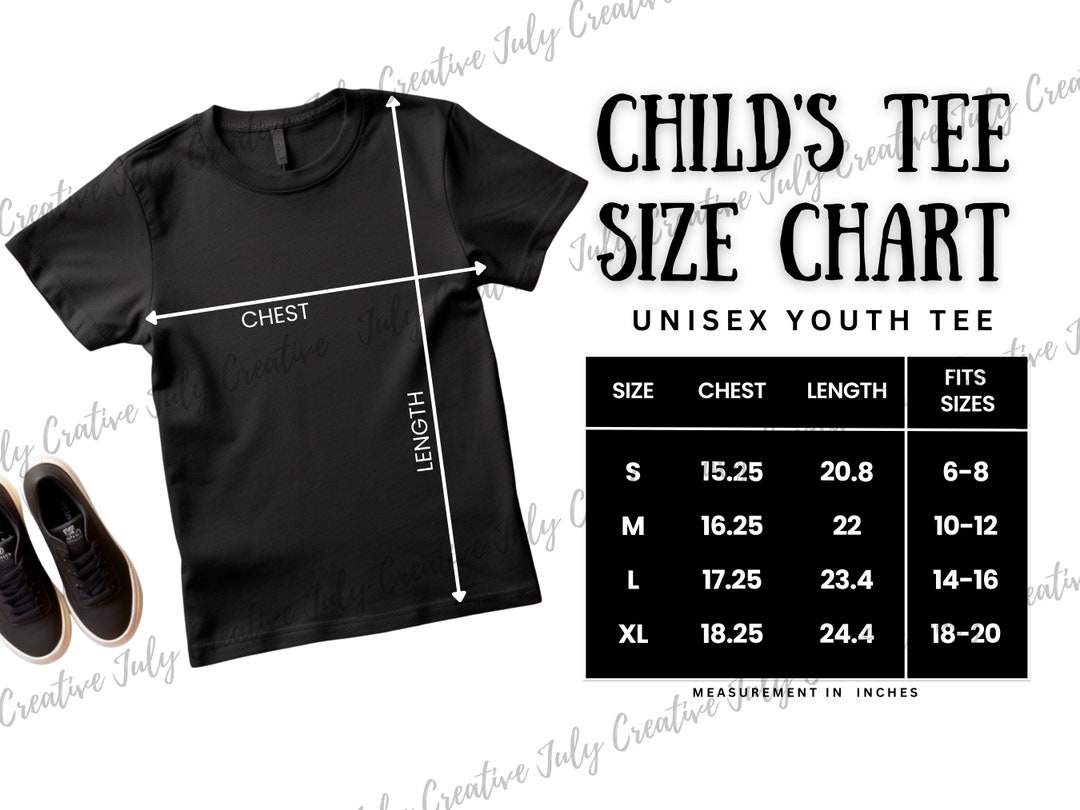 Child Tee Size Chart Children's Unisex Youth Tee Size Guide Mockup Boys