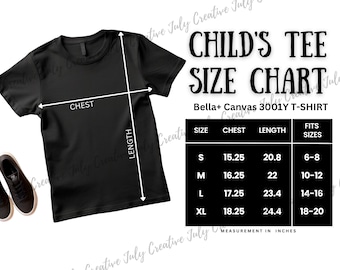 Bella Canvas 3001Y Size Chart | Youth Jersey Shirt Size Guide Mockup | Children&#39;s Tee Size Guide | Boys Neck Size Chart