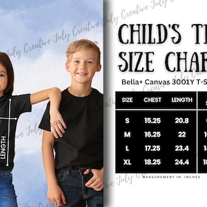 Bella Canvas 3001Y Tabla de tallas / Maqueta de guía de tallas de camisetas de jersey para jóvenes / Guía de tallas de camisetas para niños / Tabla de tallas de cuello redondo para niños y niñas