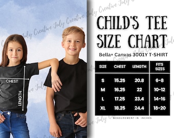 Bella Canvas 3001Y Size Chart | Youth Jersey Shirt Size Guide Mockup | Children&#39;s Tee Size Guide | Boys and Girls Crew Neck Size Chart