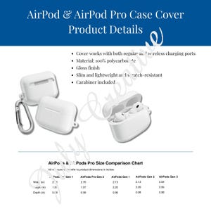AirPod & AirPod Pro ケースカバー製品詳細情報シート、サイズ比較表モデル Pro Gen 1、2、Air Pods Gen 1、2、3、Printify PODケース