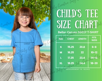Bella Canvas 3001Y Size Chart | Youth Kids Jersey Shirt Size Guide Mockup | Children&#39;s Tee Size Guide | Girls Crew Neck Size Chart