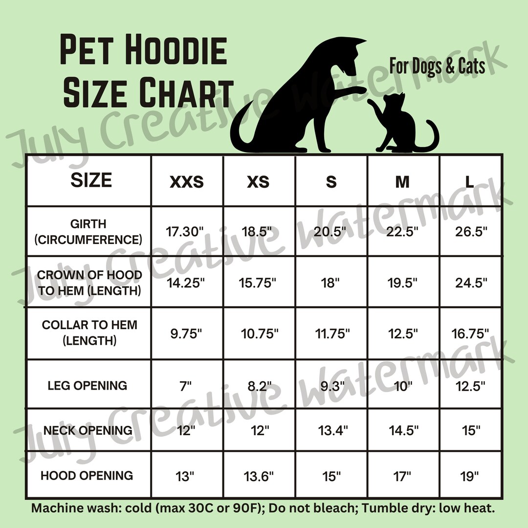 FYBY Generic Brand Pet Hoodie Size Chart for Dogs and Cats Pet Vest