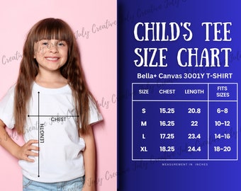 Bella Canvas 3001Y Size Chart | Youth Kids Jersey Shirt Size Guide Mockup | Children&#39;s Tee Size Guide | Girls Crew Neck Size Chart