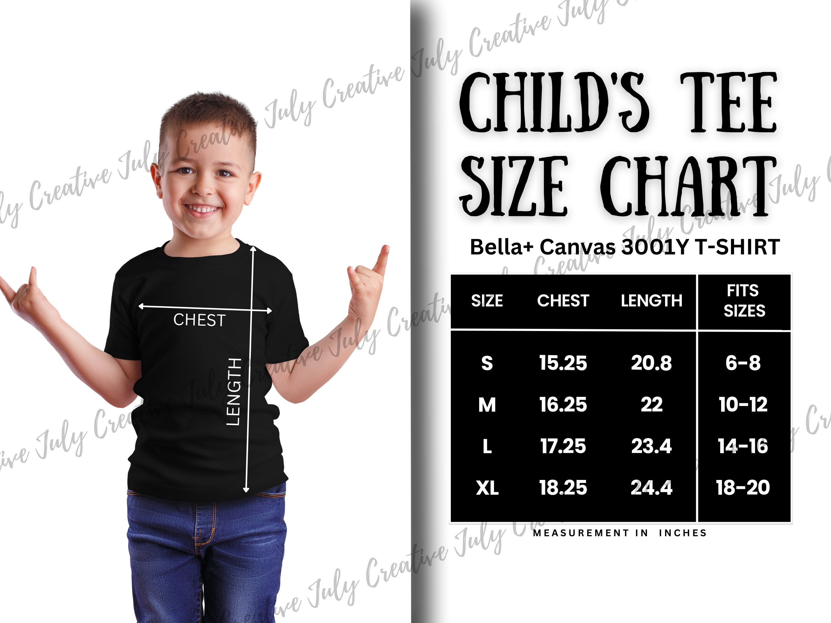 Bella Canvas 3001Y Size Chart | Youth Jersey Shirt Size Guide Mockup | Children's Tee Size Guide | Boys Crew Neck Size Chart