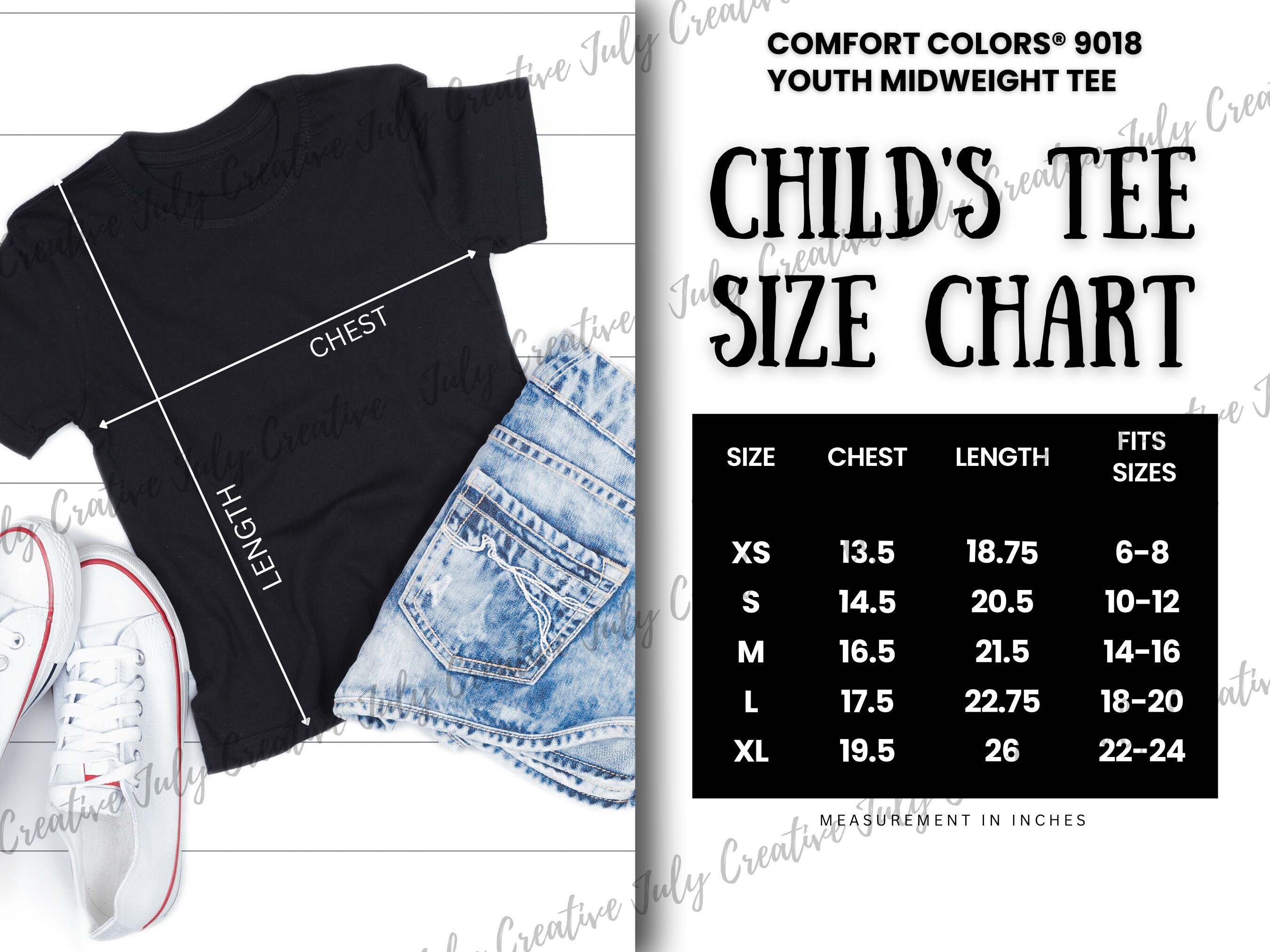 Comfort Colors® 9018 Youth Midweight Tee Size Guide Chart | Kid's