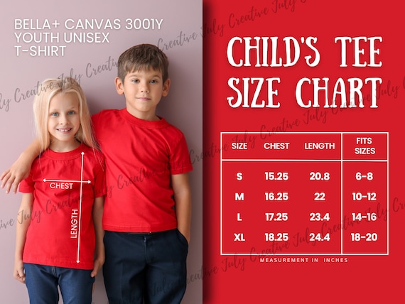 Bella Canvas 3001Y Size Chart Youth Kids Jersey Shirt Size Guide Mockup Children s Tee Size Guide Boys Girls Crew Neck Size Chart