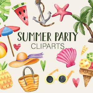 Summer Party Clipart, Summer Clipart, Seasonal Clipart, Instant Download, Watercolor Summer Clipart, Ice Cream Clipart, Beach Ball Clipart