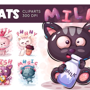 Cats Clipart, Black Cats, Brown Cats, Grey Cats, Cute cats clipart, Kitten Clipart, Funny Cats Clipart, Kitten with a Coffee Clipart, Milk