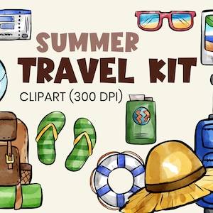 Summer Travel Clipart, Watercolor Travel Clipart, Travel Clipart Kit, Vacation Travel Clip Art, Suitcase, Summer Clipart, Travel Clip Art