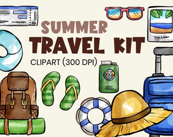 Summer Travel Clipart, Watercolor Travel Clipart, Travel Clipart Kit, Vacation Travel Clip Art, Suitcase, Summer Clipart, Travel Clip Art
