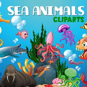 Sea Animal Clipart, Sea Animal Clip Art, Sea Creatures Cliparts, fish clip art Sea Animal, crab, octopus, turtle, ocean, Cute Sea Animals