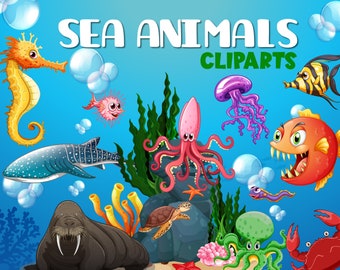 Sea Animal Clipart, Sea Animal Clip Art, Sea Creatures Cliparts, fish clip art Sea Animal, crab, octopus, turtle, ocean, Cute Sea Animals