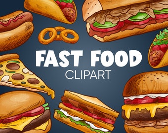 Cute Fast Food Clipart, Burger, Pizza, Taco (PNG, SVG, AI)