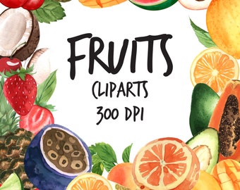 Clipart de frutas em aquarela, clipart de frutas, conjunto de clipart de frutas, conjunto de clipart de morango, maçã, cerejas, melancia, laranja, pêra, frutas vermelhas