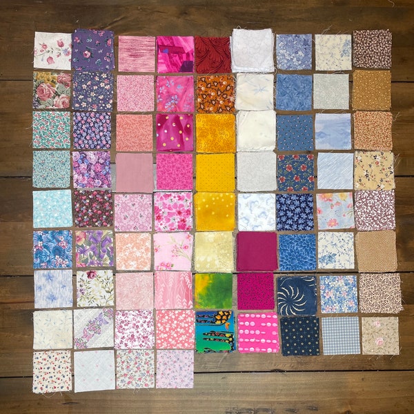 Precut fabric 2.5” x 2.5" square. Volumes of patterns & colors. Buy a mini charm pack or get a discount for all 9 bundles (see description)