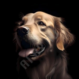 Puede incluir: Un perro golden retriever con pelaje marrón y la lengua rosa que sobresale. El perro está mirando hacia arriba y hacia la derecha, con una expresión feliz en su rostro.