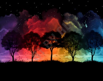 Mystic Trees Art Print, Colorful Sky, AI Generated (Digital Download)