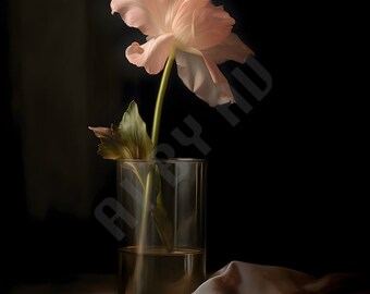 May include: A single pink flower with a long stem in a clear glass vase on a brown satin fabric. The flower is in the centre of the image and the vase is on a table.