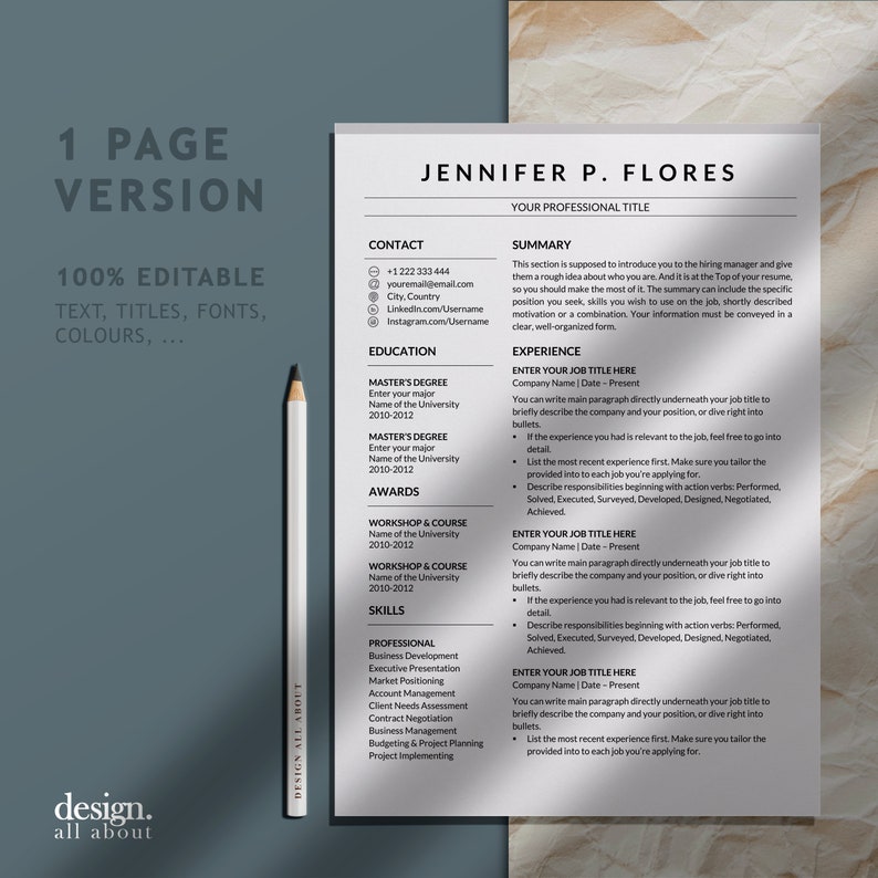 Jennifer Resume Template Cv Template Modern Cv - Etsy Australia
