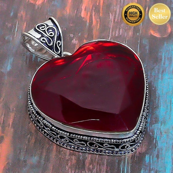 Mozambique Garnet Gemstone Handmade Gift Jewelry Heart Pendant 1.97" d437