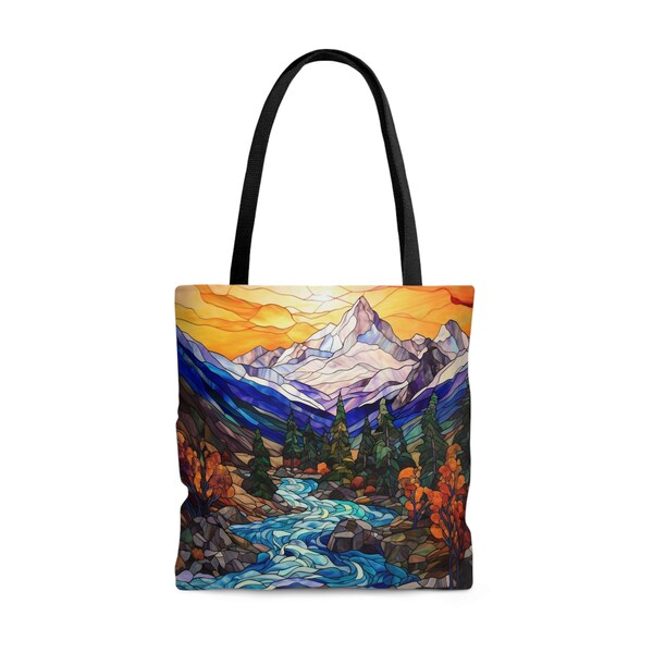 Mountain River Tote bag stained glass, Alpine peak sunset carry all, outdoors camping nature stream hiking, book bag purse, mom teacher gift