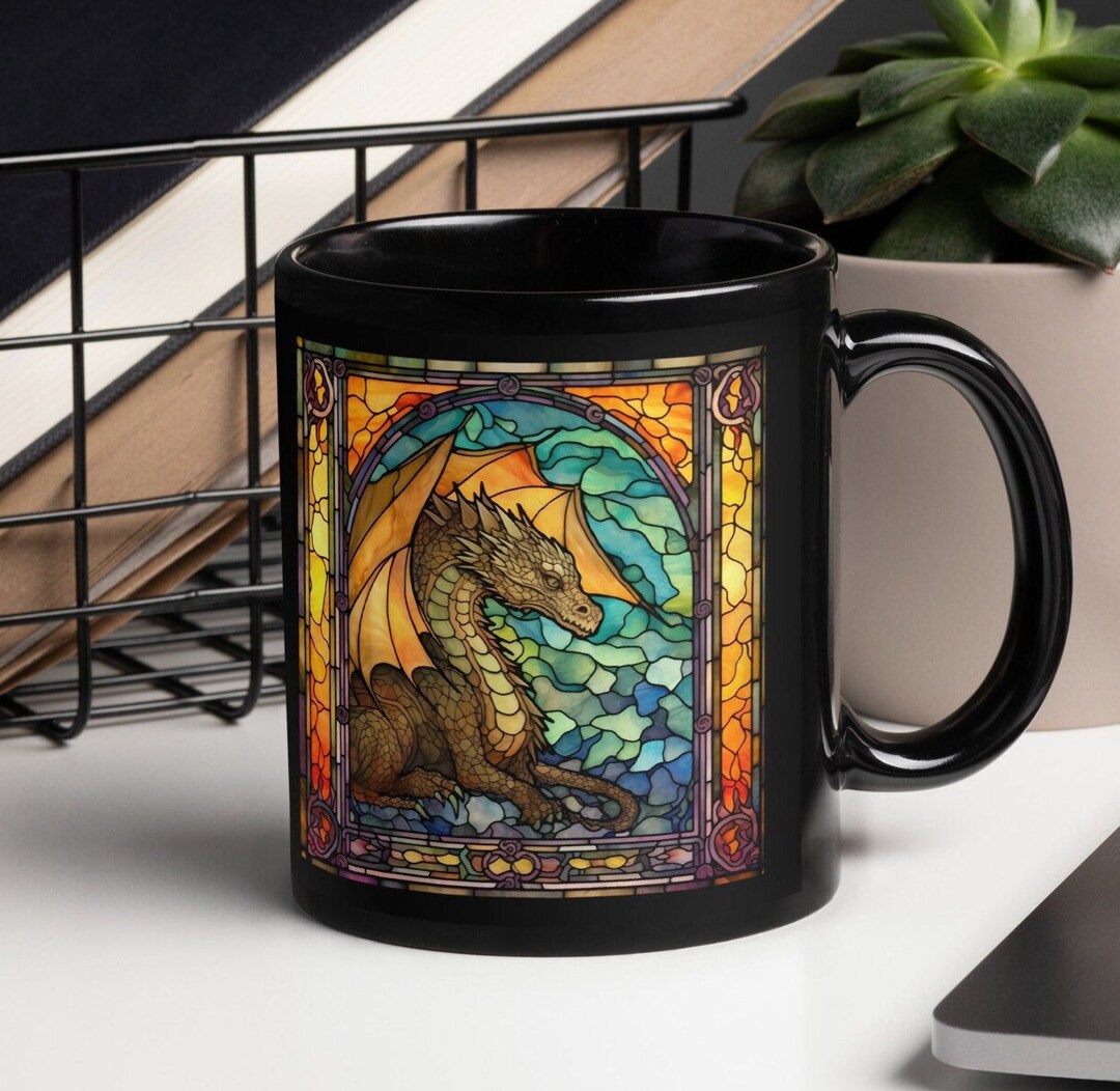 Dragon Mug 6, Stained Glass Black Coffee Mug Tea Cup, Fantasy Creature ...