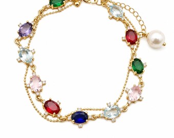 Two-Layer Multi-Color Crystal Bracelet,Vibrant and Fashionable Accessory,Pearl Bracelet,Minimal Pearl Bracelet,Valentine's Gift,Gift For Her