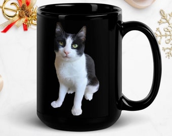 Black Tuxedo Cat Mug, Ceramic Drink Cup, Real Photo Double Sided Black And White Kitten Lover Gift