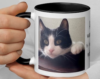 Tuxedo Cat Coffee Mug 7 Colors Ceramic Kitten Lovers Gift Black White Tuxie Portrait